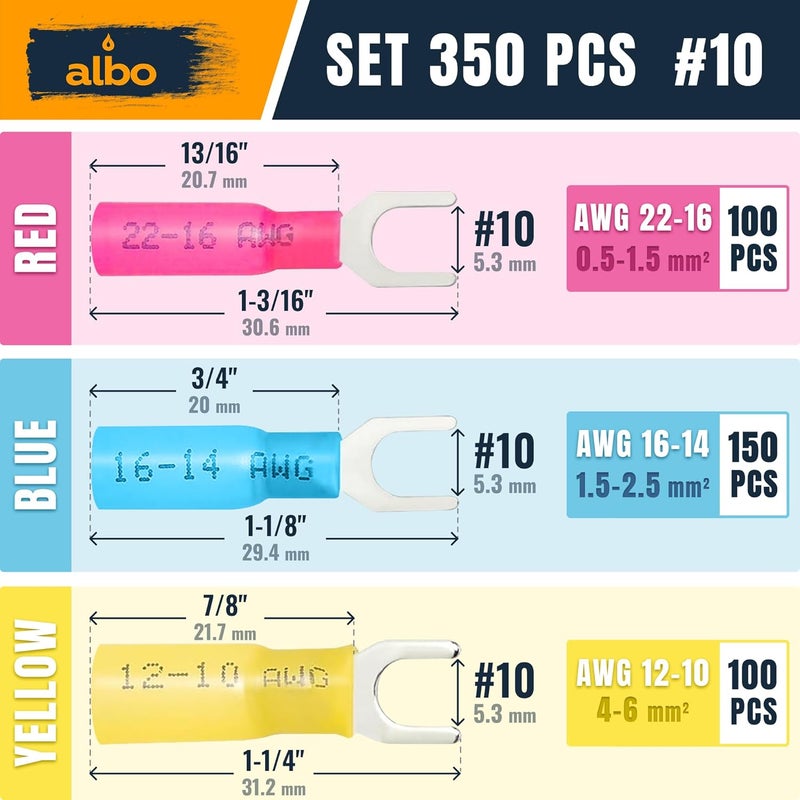 ALBO 350PCS Heat Shrink Fork Spade Connectors Kit #10 – 22-10 AWG Tinned Copper Terminals, Waterproof Wire Terminal Connector Assortment for Automotive, Marine, Speaker & Electrical Wiring - Image 2
